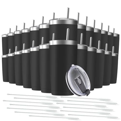 25 pack 20 oz Stainless Steel Insulated Tumbler with Straw and Lid, Double Wall Travel Coffee Mug Vacuum Insulated Bulk Tumbler, Suitable for Vehicle Cup Holders Black - color: Black, size: 25 Count (Pack of 1)