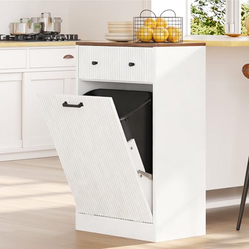 10 Gallon Tilt Out Trash Can Cabinet with Drawer, Hidden Trash Bin Storage & Laundry Hamper Cabinet, Pet Proof Trash Can Holder for Kitchen, Laundry Room & Bathroom, White - color: White