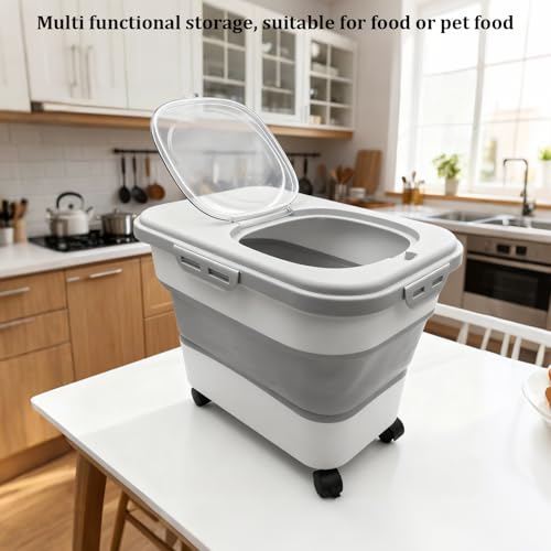 20-30 Lbs Grey Collapsible Airtight Rice Pet Food Storage Container | With Rolling Wheels Lock Lid Scoop Cup, Large Bin for Rice Flour Pet Food Home Storage