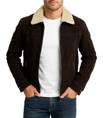 Men's Rick Western Brown Suede Leather Jacket with Sherpa Shearling Collar | Full Zip Front, Snap Cuffs, Polyester Lined, Zip Waist Pockets, Genuine Suede Leather, Cowboy Trucker Design - color: Brown, size: Medium