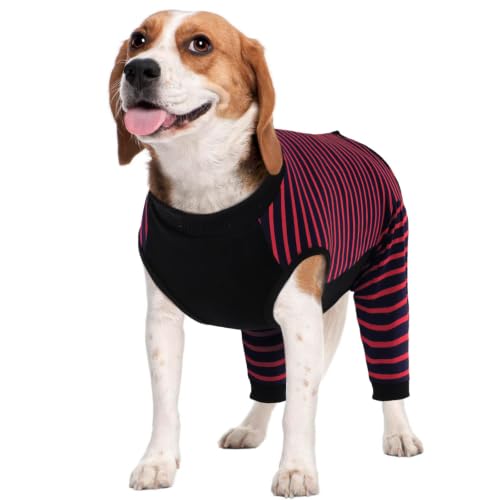 Kuoser Dog Recovery Suit with Anti Licking Rear Leg Sleeve, Red M - color: Red Strips, size: Medium (Back Length: 34cm / 13.38")