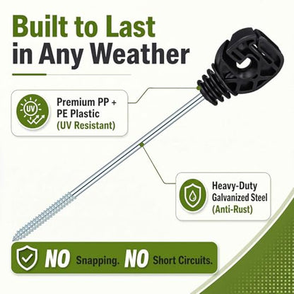 Tandefio 50 Pcs Electric Fence Wire Insulator Stand Off Screw in Insulator Black Fence Post Long Arm Wood Post for Tape Rope Electric Wire Animal Agricultural Garden