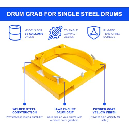 Drum Grabber 1500lbs Capacity Single Fork Mounted Drum Gripper, Hinged Folding Arm Design for 55 Gallon Drums up to 22.4" Diameter, Yellow - color: Single Drum Grab