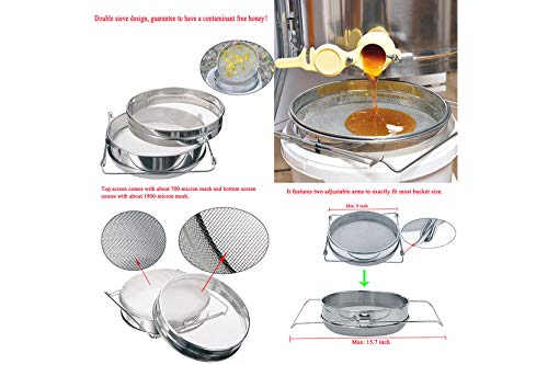 Honey Stainless Steel Strainer Double Sieve, Bee Keeping Equipment Filter with Extendable Arms