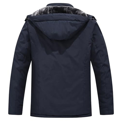 QMP Winter Jackets For Men with Hoode Ski Snow Snowboarding Waterproof Fleece Liner Coats Windproof Raincoat 6 Pockets - color: Navy, size: X-Large