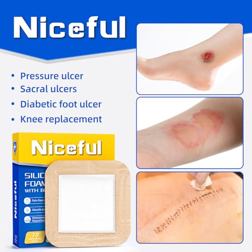 Niceful Silicone Foam Dressing 6"x6" 10 Count, Cushioned Pressure Relief | Large Ultra-Soft Silicone, 15X Max Absorption, 5-Layer Saf Anti-Maceration, Bedsores & Diabetic Foot, 1St-2Nd Burns - size: 6"x6" (10PCS)