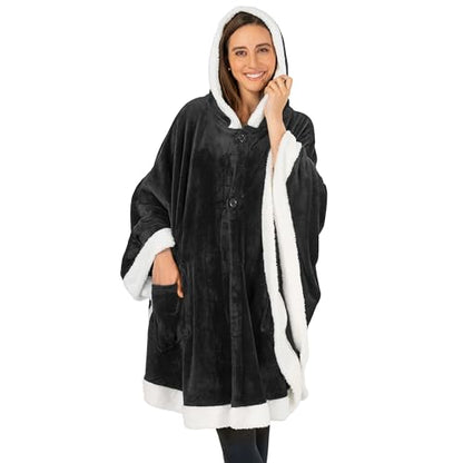 PAVILIA Hooded Blanket Poncho for Women, Fleece Wearable Shawl Wrap, Black | Fleece Shawl Wrap with Hood, Adult Wearable Blanket, Cozy Warm Poncho Cape Throw with Pockets, Gift for Elderly Mom - color: Black