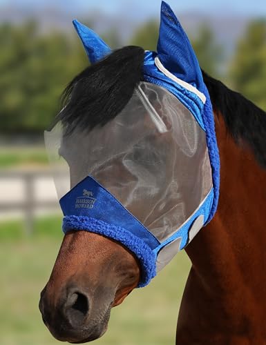 Harrison Howard CareMaster Horse Fly Mask UV Protective Fine Mesh with Extra Wool Soft Touch on Skin Champion Blue-Silver M - color: Champion Blue-Silver, size: Cob (Medium)