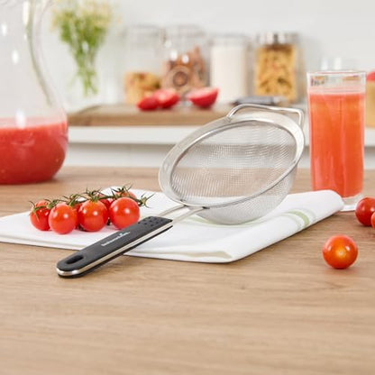 Restaurantware Fine Mesh Strainer 1 Count 12.6" x 5.5" x 2.3" with Silicone Handle Stainless Steel Extra Fine Mesh Strainer Heat-Resistant Handle Dishwasher-Safe for Rice, Quinoa, Pasta - size: Standard, Extra Fine Mesh-5 1/2"