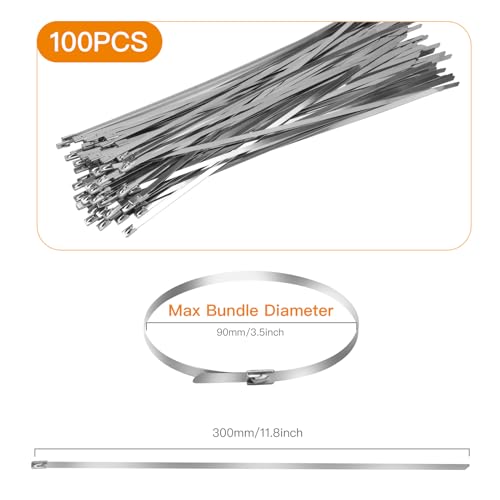 100 Pcs 11.8 inch 304 Stainless Steel Metal Zip Ties - color: Black
