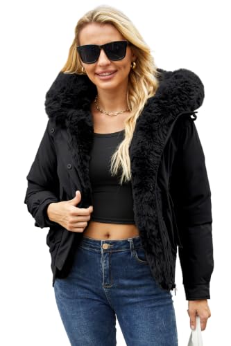 Winter Coats for Women Thickened Puffer Jacket with Detachable Fur Hood Winter Warm Parka Puffer Coat - color: Black, size: Large