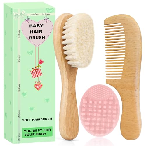 3PCS Baby Hair Brush with Wooden Handle and Comb Set for Newborns & Toddlers | Natural Soft Goat Bristles l Wood Comb l Pink Silicone Brush| Ideal for Cradle Cap - color: Pink