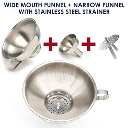 KEISSCO Stainless Steel 4-Piece Funnel and Strainer Set - Canning Funnel for Wide and Regular Mason Jars, Transferring Oils, Liquid, Fluid, Dry Ingredients & Powder, Wide & Narrow Mouth with Filter