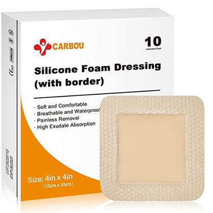 Carbou Silicone Foam Dressing with Gentle Border,4"x4" Adhesive Waterproof and High Absorbency Square Wound Care Dressing Bandage for Pressure Sore, Leg Ulcer, Diabetic Ulcer,10 Pack - size: 4x4 Inch (Pack of 10)