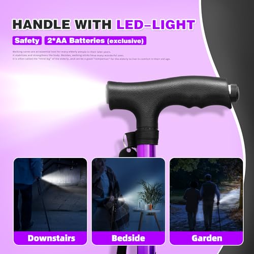 BigAlex Folding Walking Cane with LED Light,Pivoting Quad Base,Adjustable Walking Stick with Carrying Bag for Men/Women - color: Purple(5'5"-6'3")