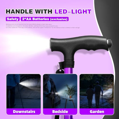 BigAlex Folding Walking Cane with LED Light,Pivoting Quad Base,Adjustable Walking Stick with Carrying Bag for Men/Women - color: Purple(5'5"-6'3")