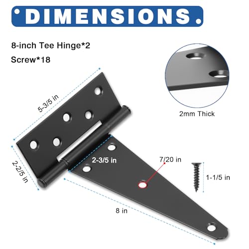 8 Inch T-Strap Gate Hinges, Heavy Duty Black Barn Door Hinges, 2 Pack - size: 8 Inch