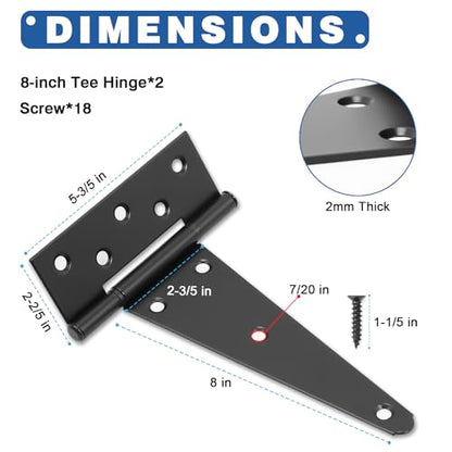 8 Inch T-Strap Gate Hinges, Heavy Duty Black Barn Door Hinges, 2 Pack - size: 8 Inch