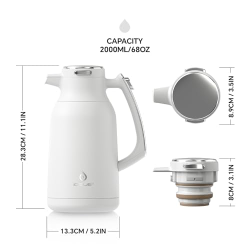 IDEUS Thermal Coffee Carafe 68oz, Beverage Dispenser White | Stainless Steel Double Wall Vacuum Insulation Creamer Pitcher Water Jug Coffee Server, Coffee Carafe for Keeping Hot and Cold - color: White, size: 68 Ounces