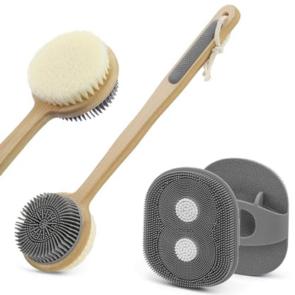 Back Scrubber for Shower & Body Scrubber 2 Pack - Silicone & Nylon Bristles - color: Grey
