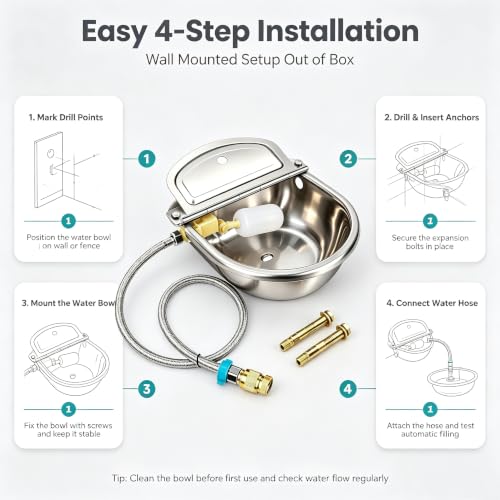 304 Stainless Steel Automatic Livestock Water Bowl, 9.84x9.84x3.94in Large Capacity Water Trough for Cows Horses Goats, Auto Float Waterer with Liftable Cover & Complete Installation Kit