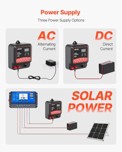 VEVOR Multi-Powered Electric Fence Charger, 2J/3J/5J, Electric Fence Energizer with Real-Time LED Display, 6.2 Miles Range, AC DC Powerful Fences Charger, Keep Out Wild Animals, for Livestock Poultry - size: 2J/3J/5J