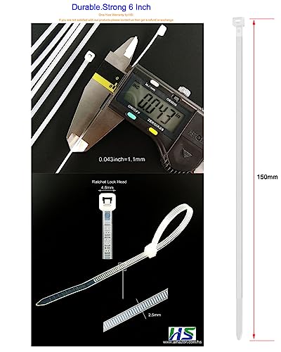 HS Clear Zip Ties 6 Inch Small (Bulk 1000 Pack) 18 LBS Self Locking Zip Ties White Nylon Ties Thin,Strong and Durable - color: White, size: 1000pcs 6"