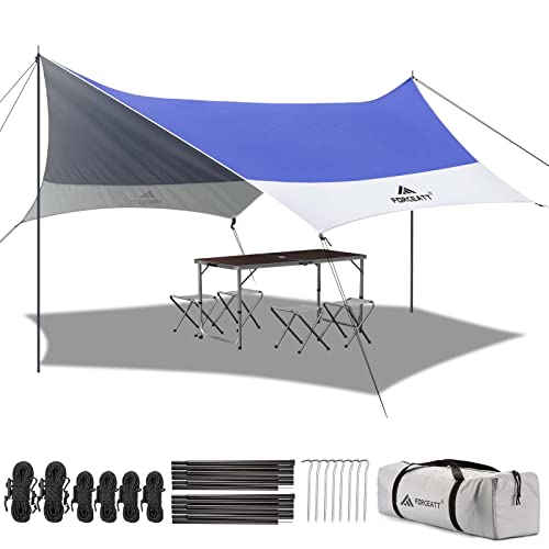 Forceatt 12x14FT Waterproof Anti-UV Camping Tarp with 2 Poles (UPF50+), Lightweight Sun Shelter for Car, Tent, Hammock in Hiking, Backpacking, Garden and Traveling - color: Dark Blue