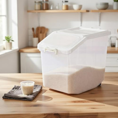 Sunnyray 4 Pcs Rice Storage Container 33.1 lb Airtight Flour Container with Wheels Measuring Cup White Pet Food Dog Cat Birds Food Bin Grain Cereal Organizer Box for Dry Baking Supplies - size: 12.2 x 12.2 x 9.45 Inch