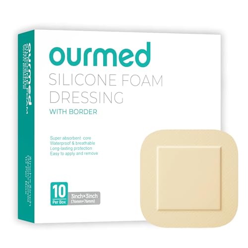 Ourmed Silicone Foam Dressing with Border Adhesive - Large Absorbent Waterproof Bandage for Wound Care, Foot Diabetic Ulcer, Leg Ulcer, 3" x 3", 10 Pack - size: 3"x 3" (10 Packs)