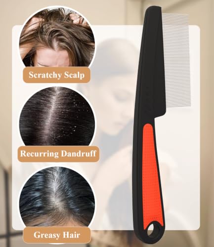 Dandruff Comb Removal Steel Fine Tooth Scalp Detox Hair Care Tool 3PC | Build Up Flakes Lice Comb, Stainless Steel Teeth, Self Cleaning, Anti Slip Handle, for Women Men Kids, Black+ Red - color: 3PC Black+Red