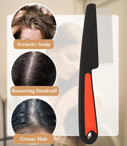 Dandruff Comb Removal Steel Fine Tooth Scalp Detox Hair Care Tool 3PC | Build Up Flakes Lice Comb, Stainless Steel Teeth, Self Cleaning, Anti Slip Handle, for Women Men Kids, Black+ Red - color: 3PC Black+Red