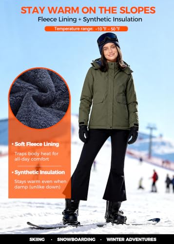 wantdo Women's Waterproof Ski Jacket Warm Fleece Lined Snow Winter Coat | 10000mm Waterproof Snowboard Jacket for Skiing, Hiking, Commute, Removable Hood, 6 Pocket, Windproof Warm -10°F to 50°F - color: Army Green, size: Medium
