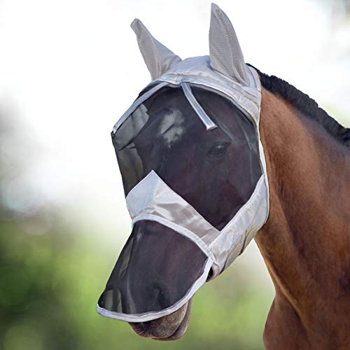 Harrison Howard CareMaster Horse Fly Mask Long Nose with Ears Full Face Silver/Black Retro Small Pony - color: Silver/Black, size: Pony (Small)