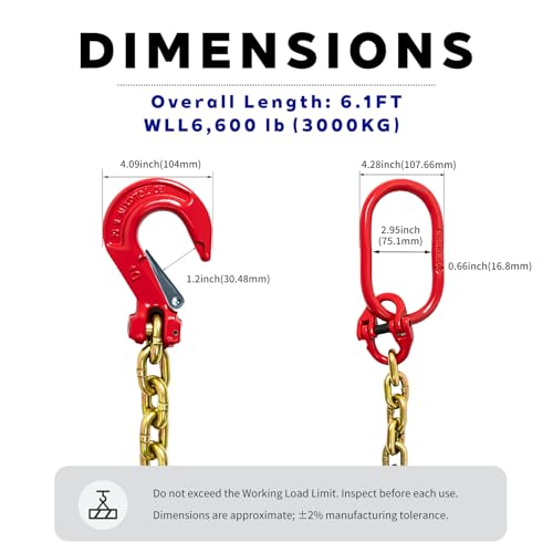 G80 Lifting Chain Sling - 6600Lb Capacity, 6FT Length, 3/8" Chain Diameter, Automatic Welded, Heat Treated, High Strength Alloy Steel with Painted Hook & Safety Factor 6:1 - size: 3/8 in x 6 ft