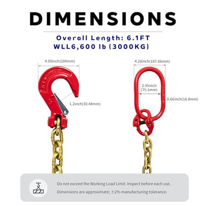 G80 Lifting Chain Sling - 6600Lb Capacity, 6FT Length, 3/8" Chain Diameter, Automatic Welded, Heat Treated, High Strength Alloy Steel with Painted Hook & Safety Factor 6:1 - size: 3/8 in x 6 ft