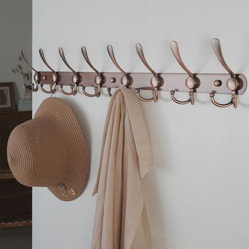 Dseap Coat Rack Wall Mount - 29.5” Long 8-Tri-Hooks Heavy Duty Coat Hanger Rail Wall Hooks for Hanging Coats Hats Clothing Clothes Purse Mudroom Entryway, Pack of 2 - color: Antique Copper, size: L=29.5” (2 Pcs)
