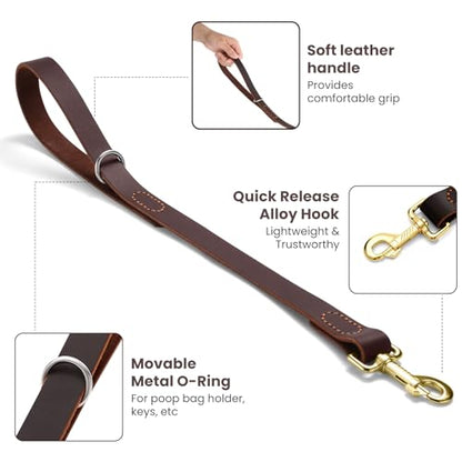Leather Dog Leash, Strong Traffic Pet Short Lead & Heavy Duty Metal Hook for Training and Walking. (1.5ft L x 1.8cm W) - size: 1.5 ft L x 0.75 in W
