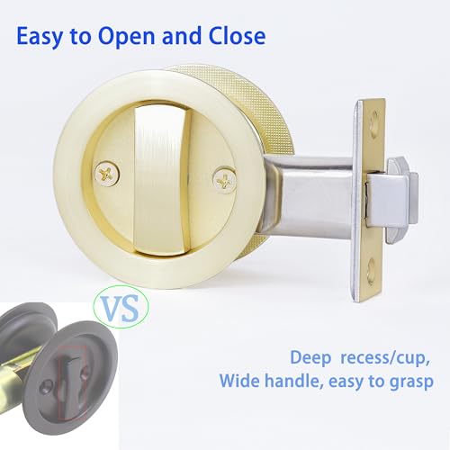 Dontay Pocket Door Keyed Lock, Round Contemporary Entrance Sliding Barn Door Lock Latch, Recessed 2 Sided, 2-3/8 inch Backset, Flush Handles Hardware(Satin Brass,2) - color: Satin Brass