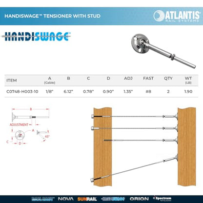 Atlantis HandiSwage C0748-H003-10 Cable Railing Tensioner with Stud (1/8") - 316L Marine Grade Stainless Steel (10-Pack)
