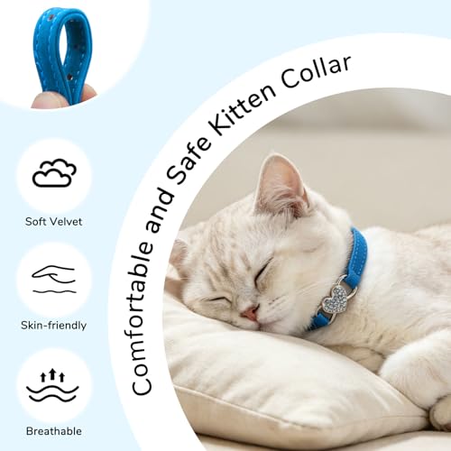 BINGPET Diamond Cat Collar with Bell, Adjustable Kitten Collar, Blue - color: Blue(Heart), size: Neck Girth 8"-10"