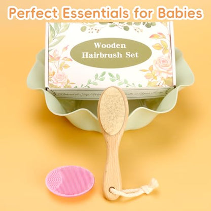 Baby Hair Brush, Wooden Goat Bristles Hair Brush with Silicone Hair Scrubber Cradle Cap Brush for Newborn, Toddler, Boys, Girls Perfect Scalp Grooming Product (Pink)