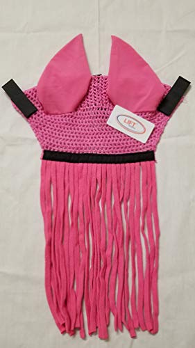 Horse/Full Fly Bonnet with Ears Net with Fringes Fly Veil Mask Hood Cotton Crochet Hand Made Breathable Protect Equestrian Tack Shows (Pink)