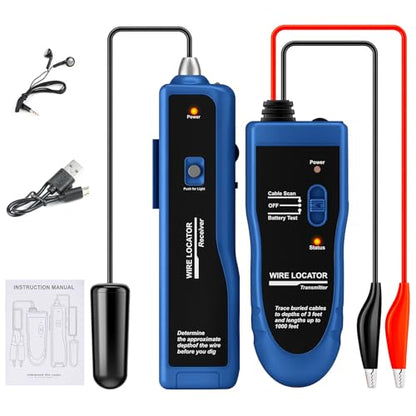Underground Wire Locator & Cable Tester – 4FT Depth, 2000FT Range, Rechargeable 1100mAh Battery, with Earphone for Fast Break/Short Detection of Dog Fence, Control Wires & Irrigation Cables - color: Blue