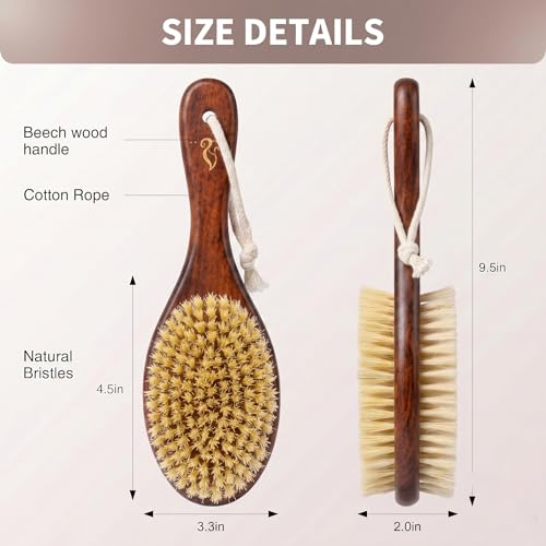 Short-Handle Dual-Sided Bath Massage Brush, Soft Boar & Firm Sisal Bristles, Portable (Red Oak)