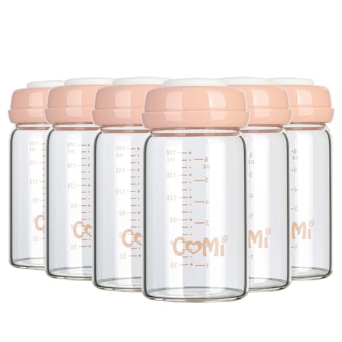 COMI Wide Neck Glass Breastmilk Collection n Storage Bottle, 6oz with Screw Ring Sealing Disk; Re-markable Sealing Disc. BPA Free, Fits Breast Pumps & Nipples (Pink Lids) - style: 180ml 6PINK
