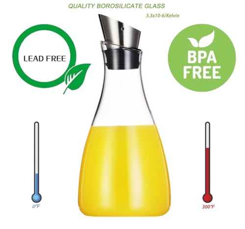 Purefold 44 Oz Borosilicate Glass carafe with Lid 1.3 Liter Glass Pitcher | For iced tea, coffee, juice and cold water. Dishwasher safe, fridge friendly. BPA free glass, leakproof Stainless Steel lid. - size: 44 Ounces
