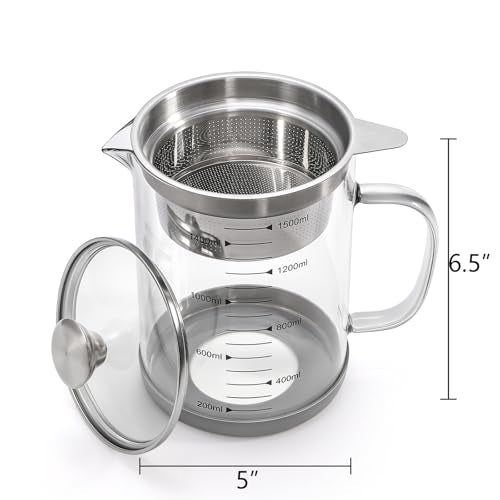 Jucoan Glass Bacon Grease Container with Strainer for Kitchen, 50 oz /1.5L High Borosilicate Glass Greek Yogurt Strainer, MultiFunctional Almond Soy Milk Nut Milk Juice Strainer Filter Pitcher