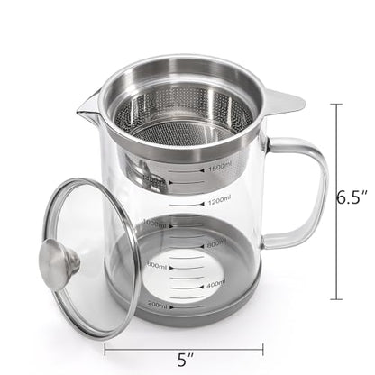 Jucoan Glass Bacon Grease Container with Strainer for Kitchen, 50 oz /1.5L High Borosilicate Glass Greek Yogurt Strainer, MultiFunctional Almond Soy Milk Nut Milk Juice Strainer Filter Pitcher