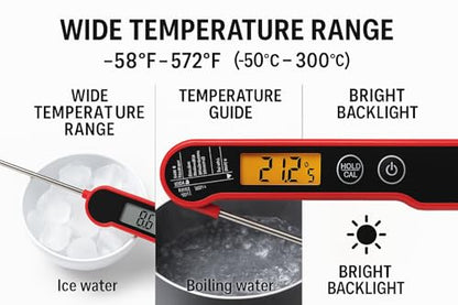 FIRELINE Digital Thermometer – Ultra Fast Waterproof Thermometer with Backlight, Foldable Probe & Magnetic Back – Commercial-Grade Instant Read for Grilling, Cooking, BBQ, Smoker, Kitchen Use